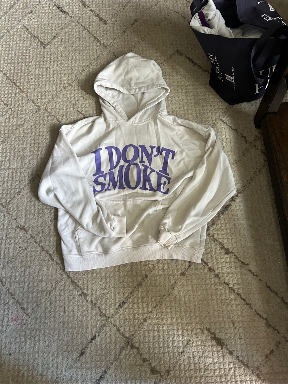 I DON'T SMOKE White Hoodie with Purple Graphic - Men's Sweatshirt